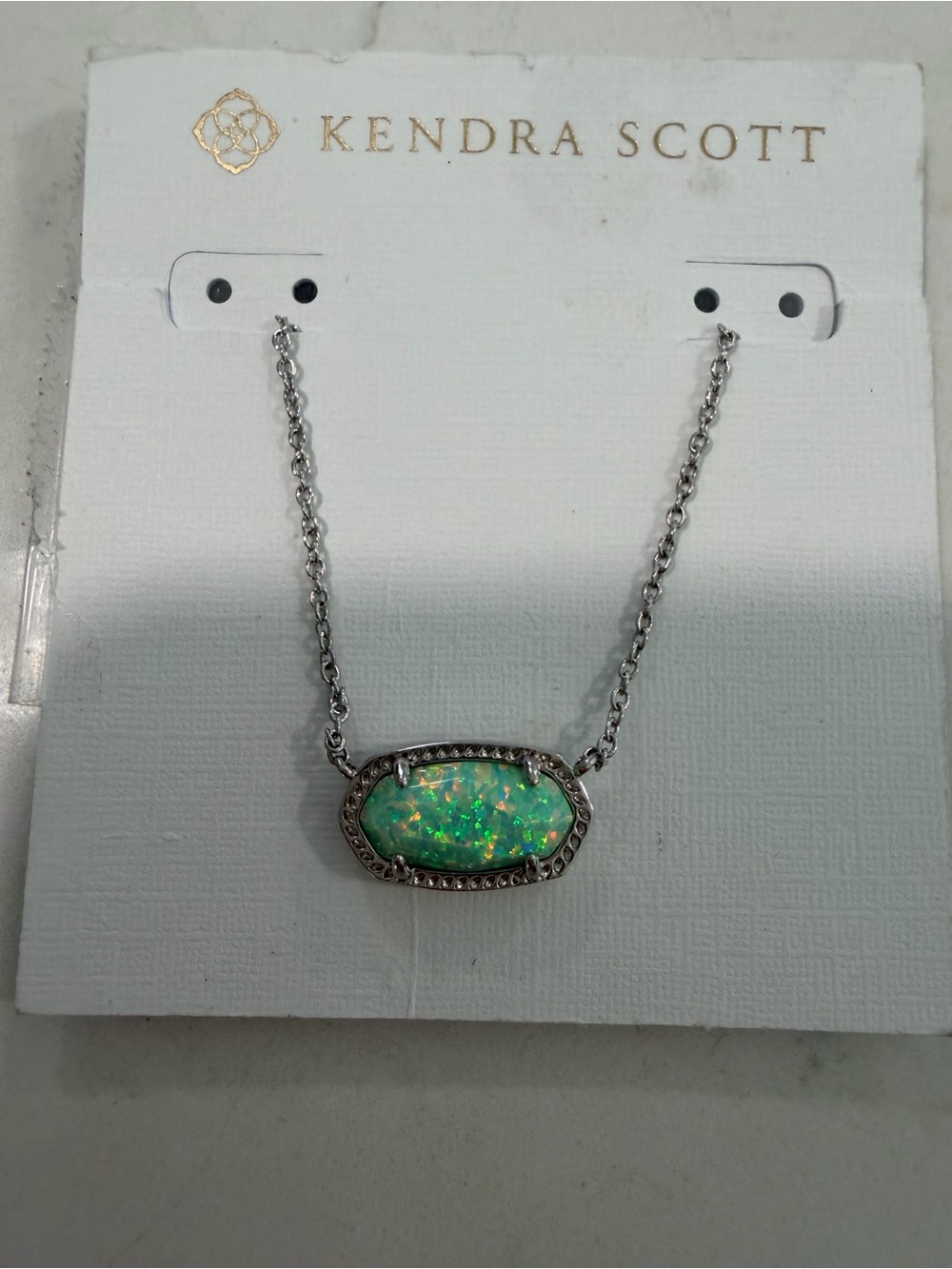 Kendra Scott Silver Iridescent Green Opal ELISA  PENDANT Necklace
